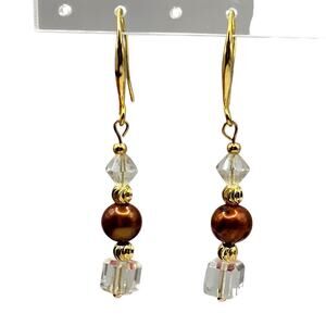 Artisan Earrings Dyed Brown Baroque Pearls Glass Cube Brown Pearl Drop SKU 2946